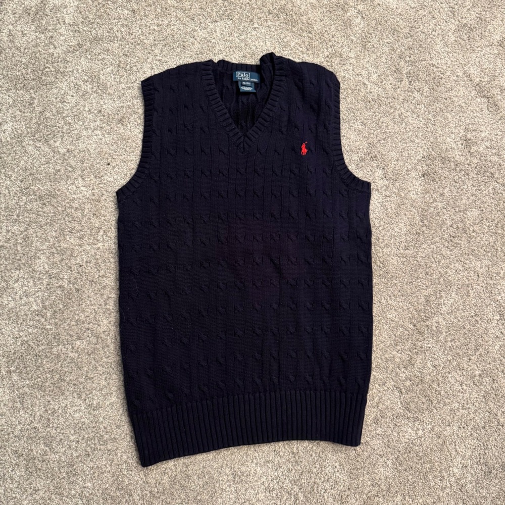 Polo Ralph Lauren Boys XL 20 Navy Blue Cable Knit V-Neck Sweater Vest Red Pony